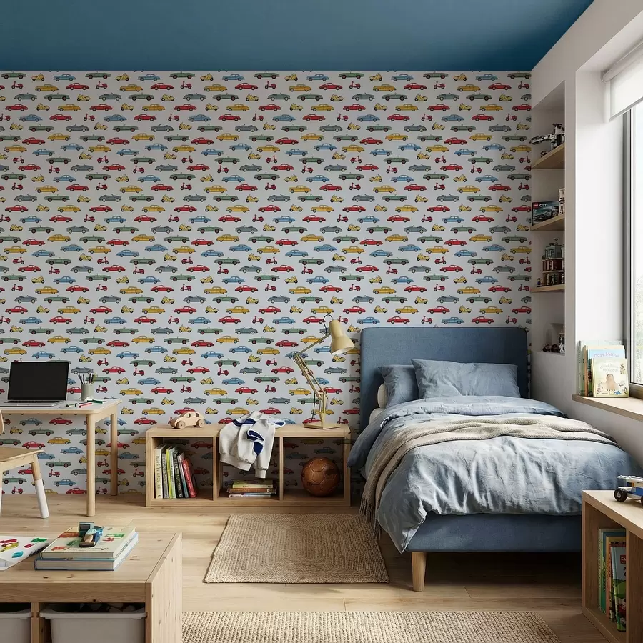 Fototapetes Retro automašīnas un motorolleri uz zila fona a01172v2