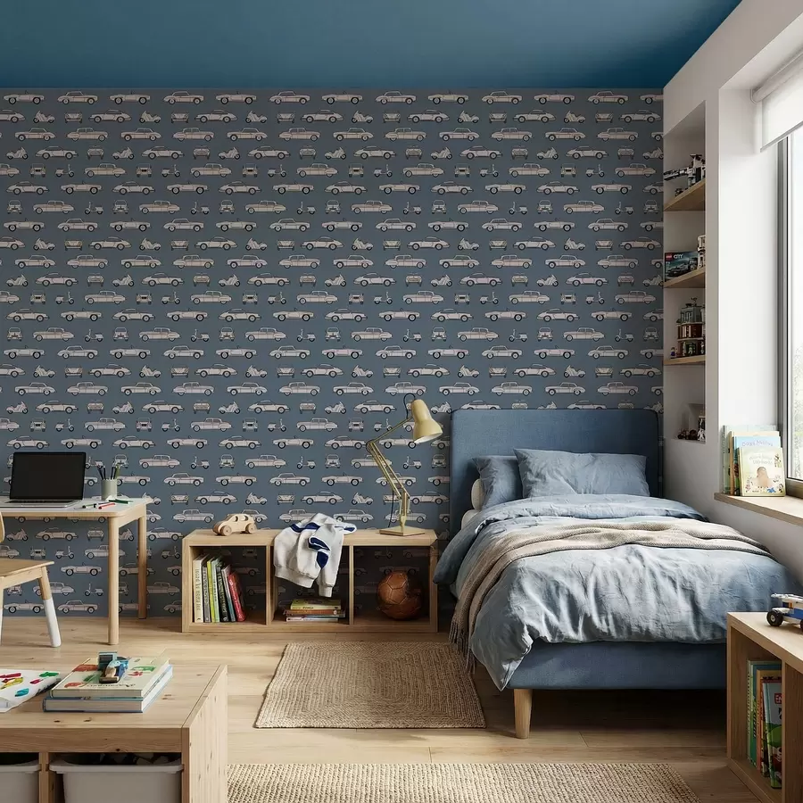 Fototapetes Retro automašīnas un motorolleri uz zila fona a01178