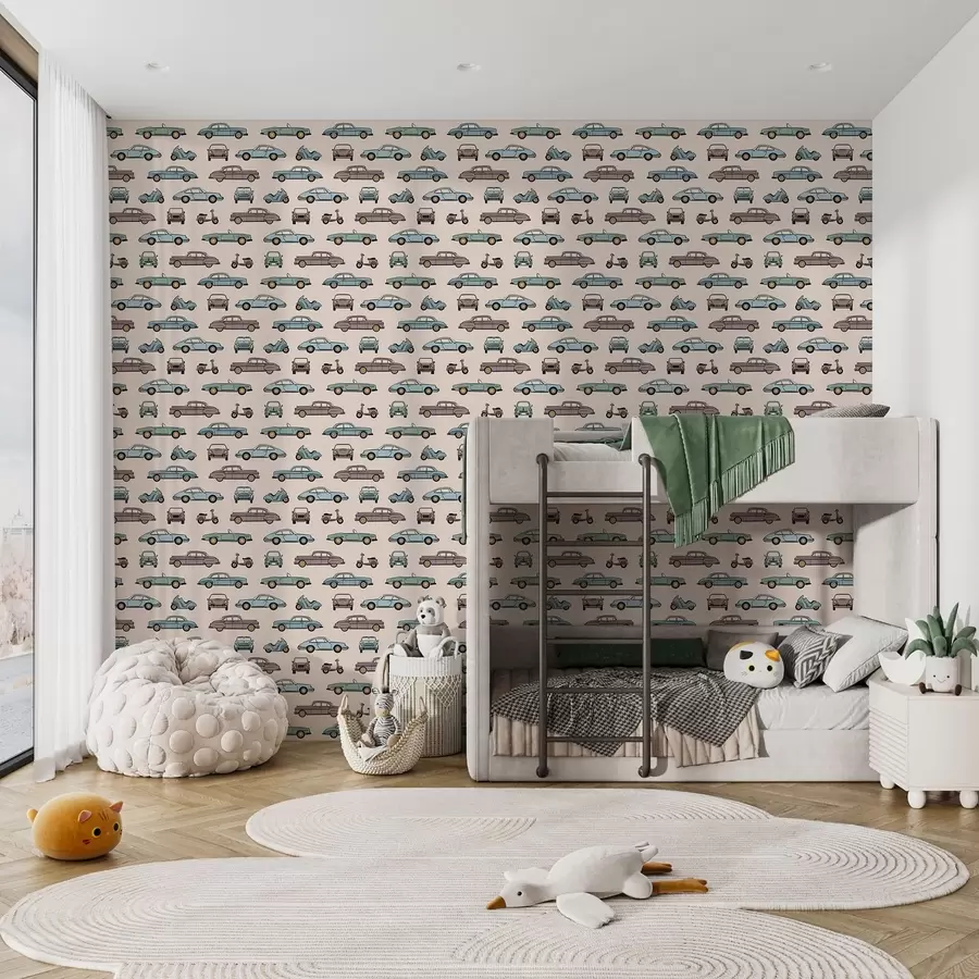 Fototapetes Retro automašīnas un motorolleri uz smilškrāsas fona a01178v1