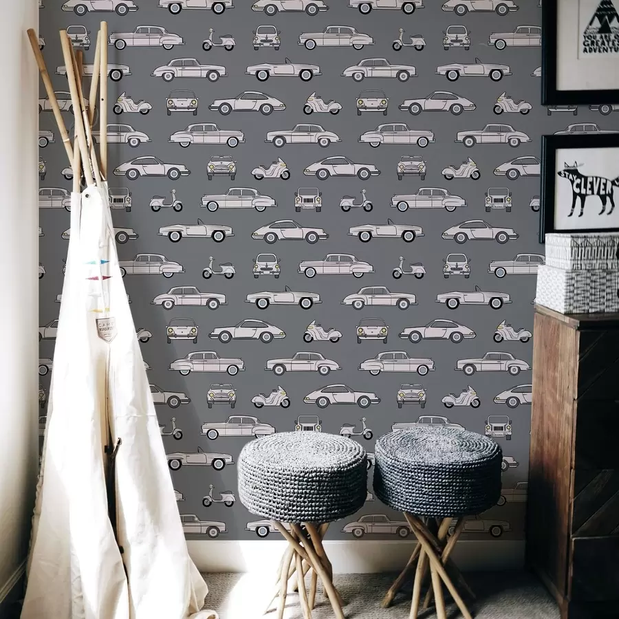 Fototapetes Retro automašīnas un motorolleri uz tumša fona a01178v3