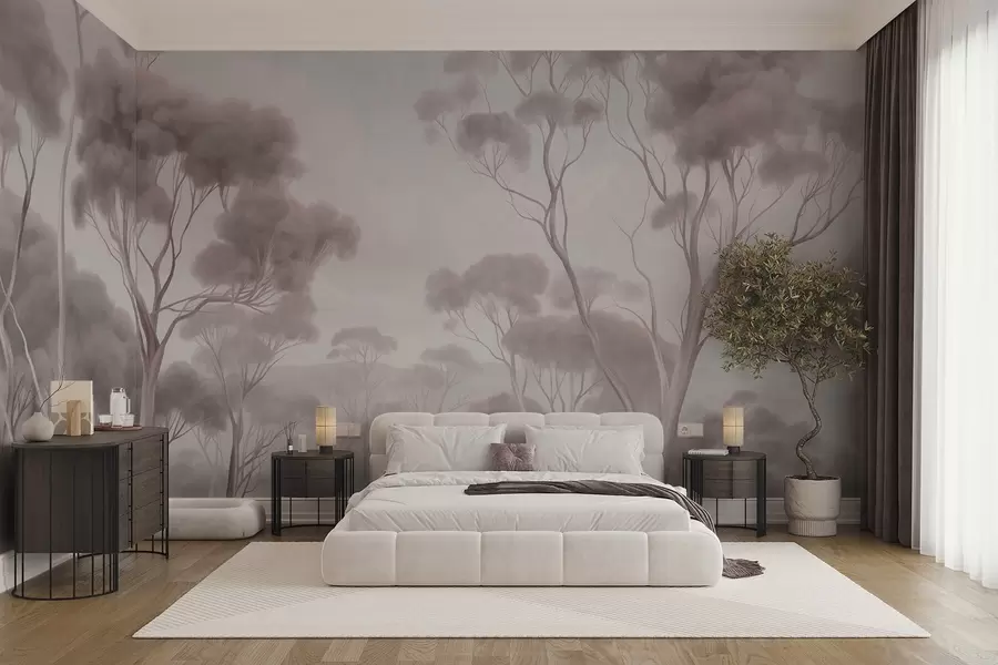 Fototapetes Miglas apklāts meža ainava ar augstiem eikaliptu kokiem, līdzenām pakalnu grēdām zem apmākušām debesīm, faktūru māksla w09822v1