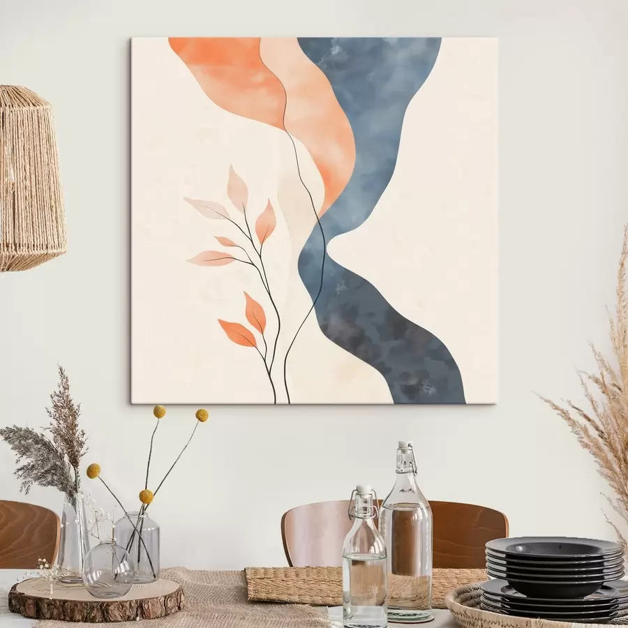 Glezna Ziedu kompozīcija ar plūstošām līnijām zilo un oranžo toņu gammas krāsās s48837