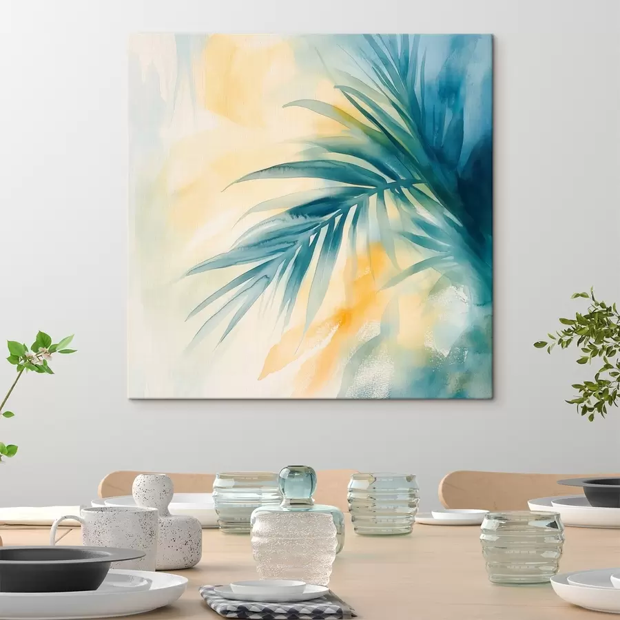 Glezna Tropu palmu lapas zili-tirkīza toņos uz siltu akvareļu plankumu fona s48849