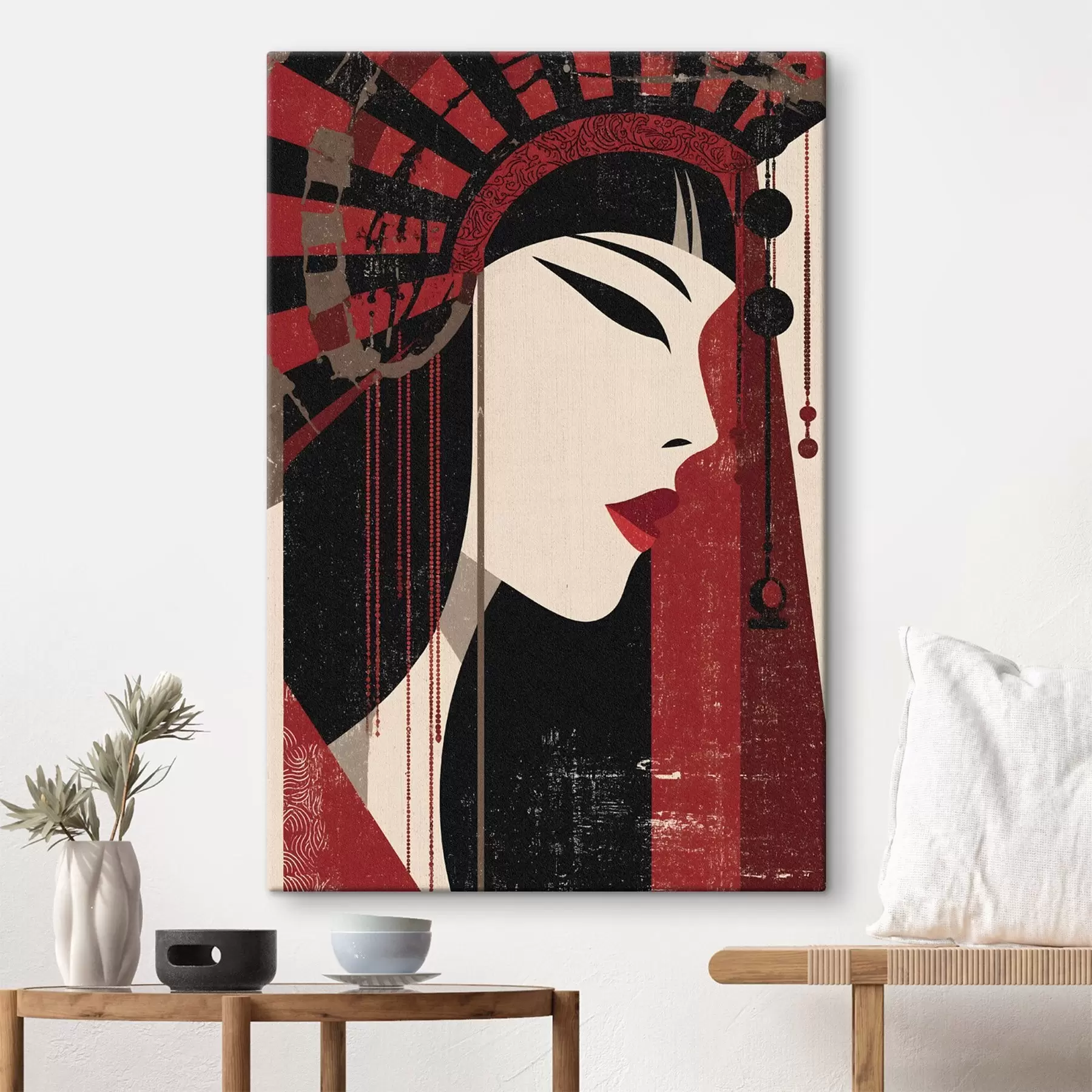 Glezna stilizēts sievietes portrets, kurā jūtama japāņu un art deco estētikas ietekme s48993