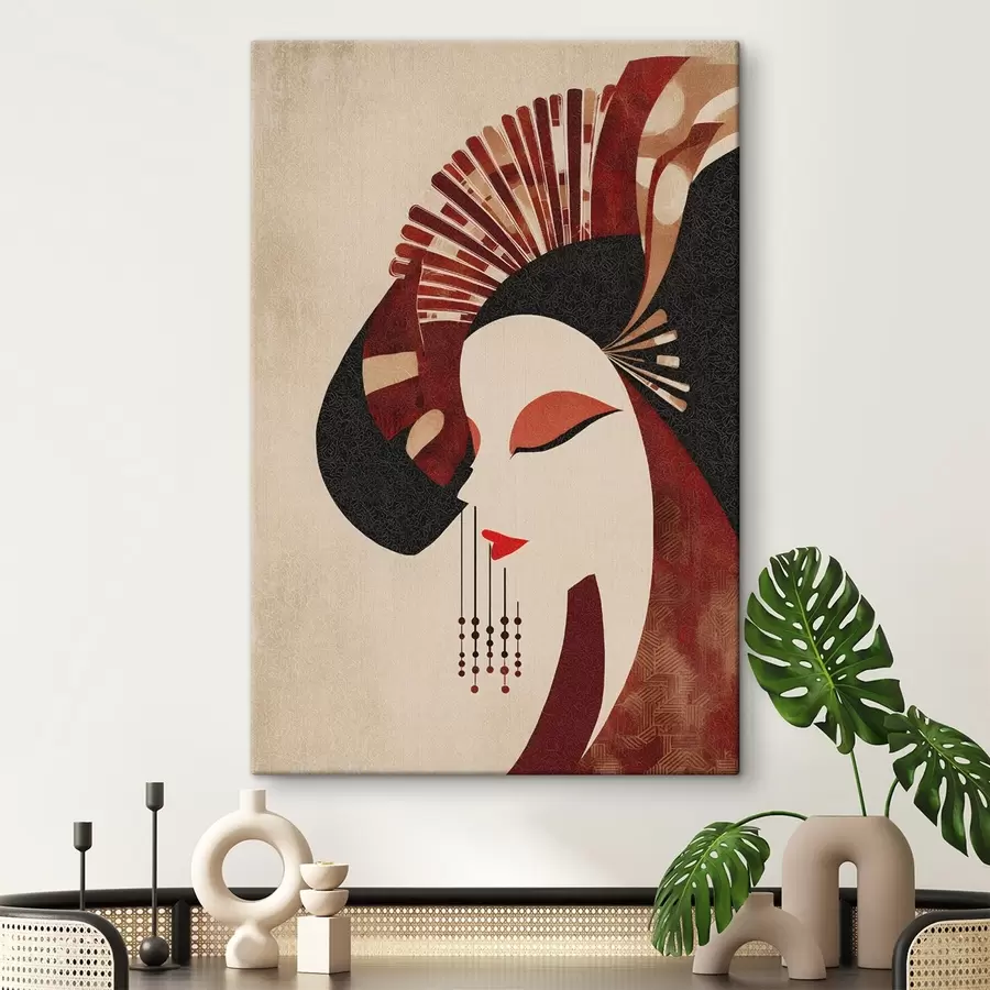 Glezna stilizēts sievietes portrets, kurā jūtama japāņu un art deco estētikas ietekme s48994