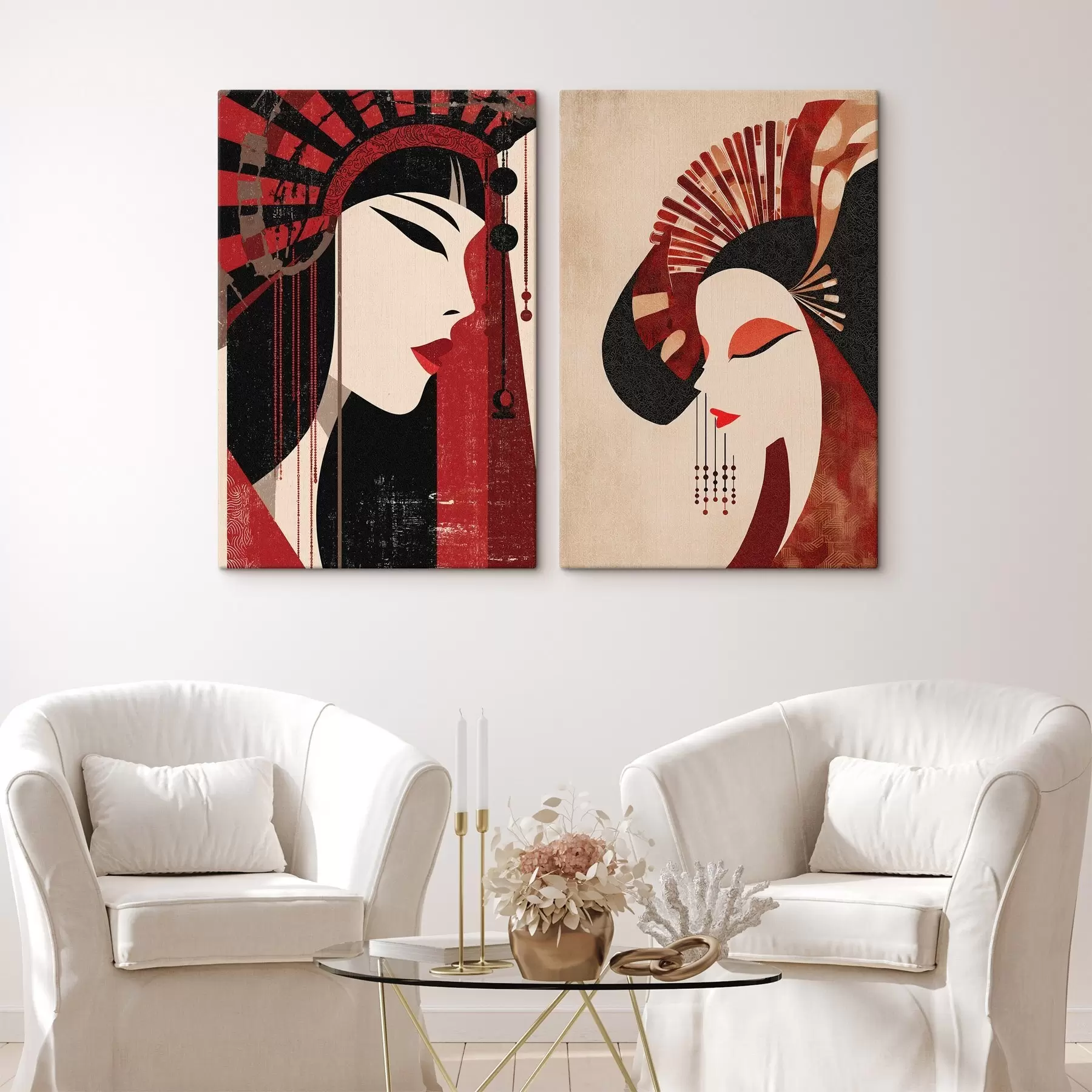 Glezna stilizēts sievietes portrets, kurā jūtama japāņu un art deco estētikas ietekme m30431
