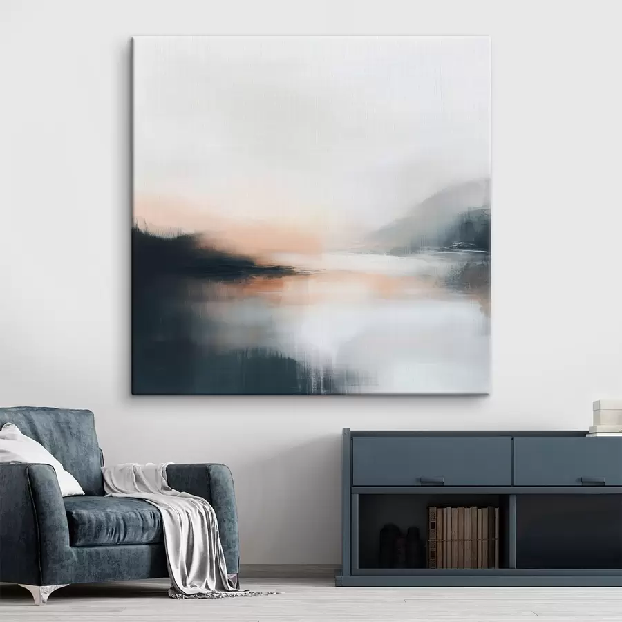 Glezna Abstrakts miglas apklāts ainavas attēls siltā smilškrāsas un koraļļu toņu gamā s48861