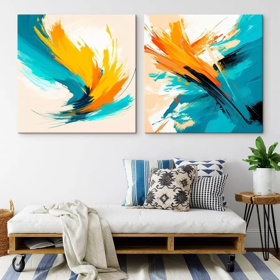 Glezna Dinamiski krāsu triepieni tirkīza un oranžā toņu gammas krāsās mūsdienu mākslas stilā m30354