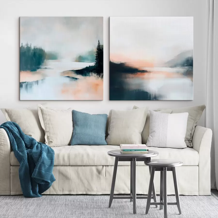 Glezna Miglas apklāts ainavas skats ar skujkoku mežu un ezeru, attēlots mūsdienīgā glezniecības stilā m30357