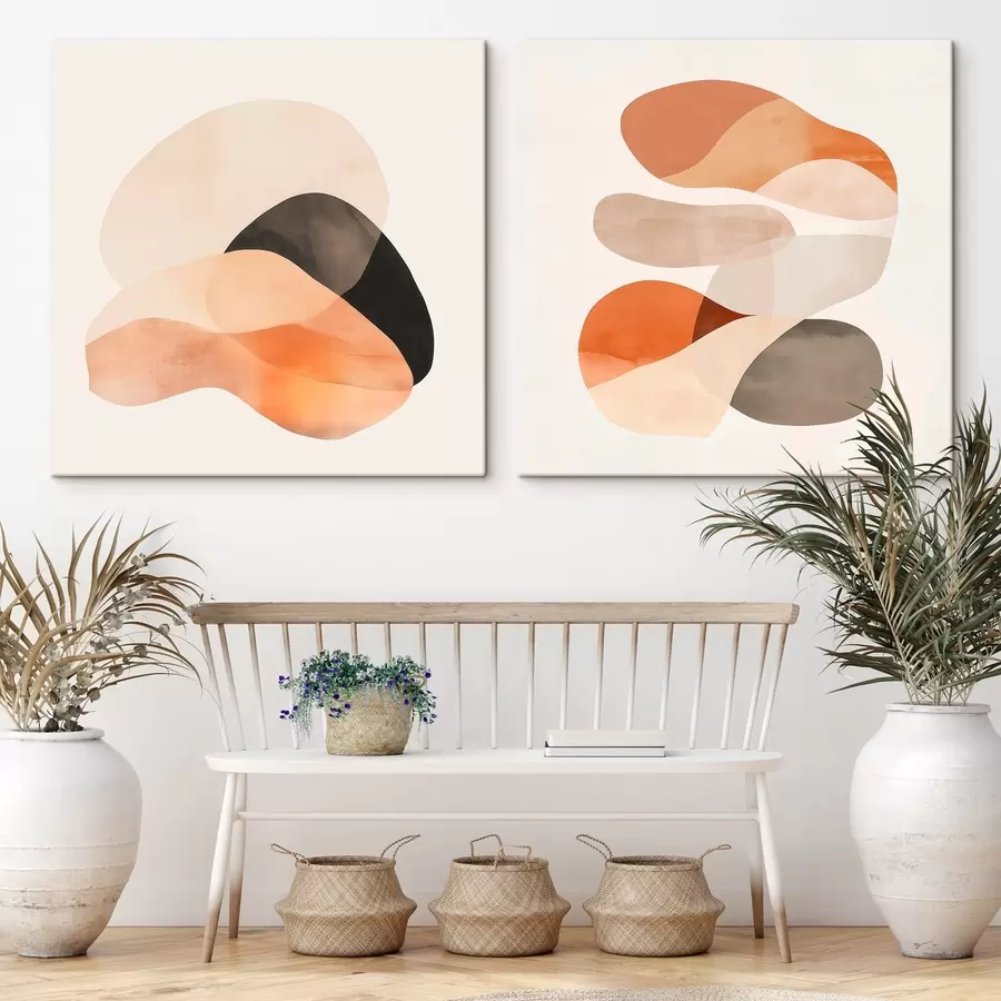 Glezna Kompozīcija ar maigām, noapaļotām formām un delikātām ēnām mākslinieciskā plakāta stilā m30358