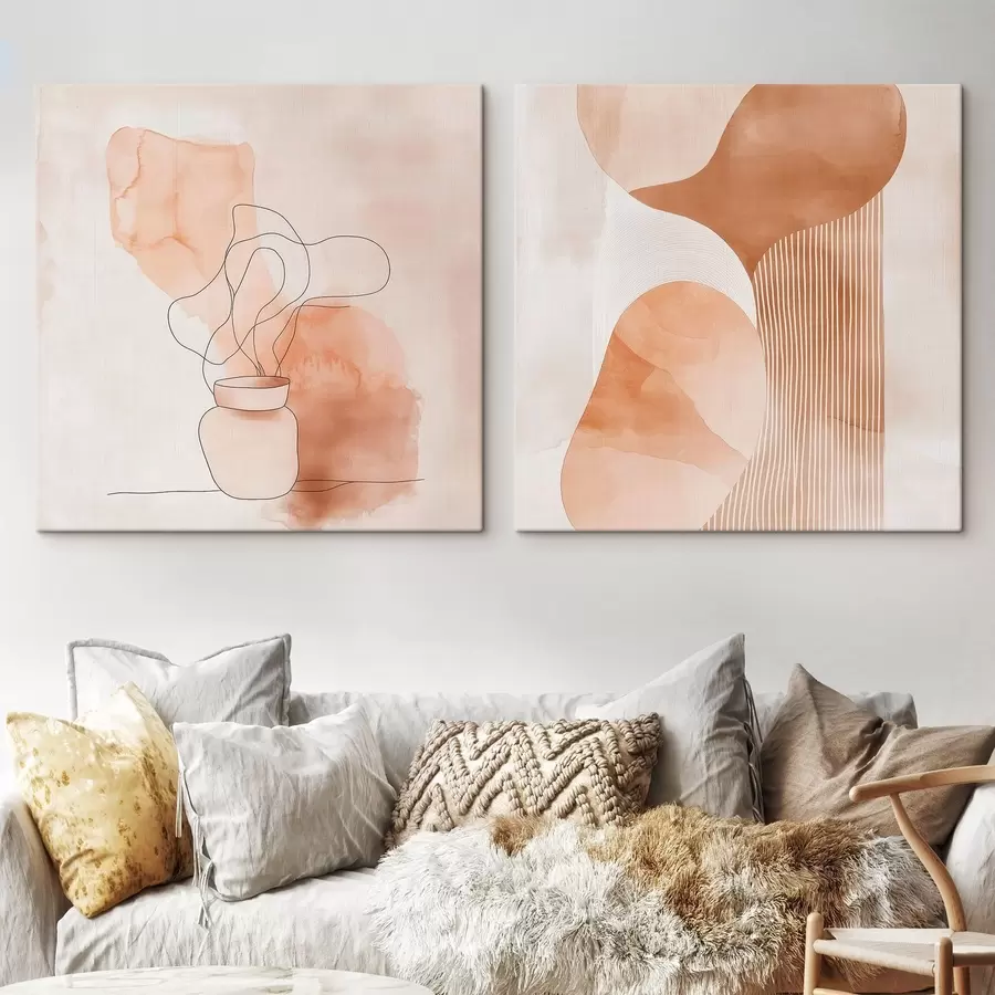 Glezna Abstraktas formas smilškrāsas un persiku toņu gammas krāsās ar lineāriem akcentiem minimālisma stilā m30361