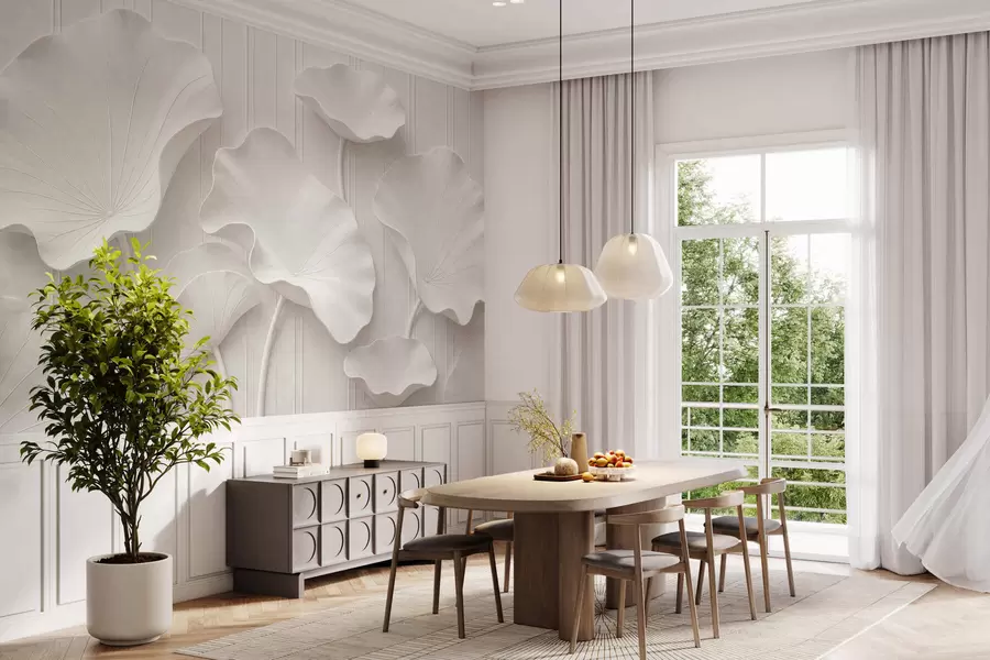 Fototapetes Balts skulpturāls ziedu reljefs ar slāņveida ziedlapām, elegants 3D sienas dekors w05604