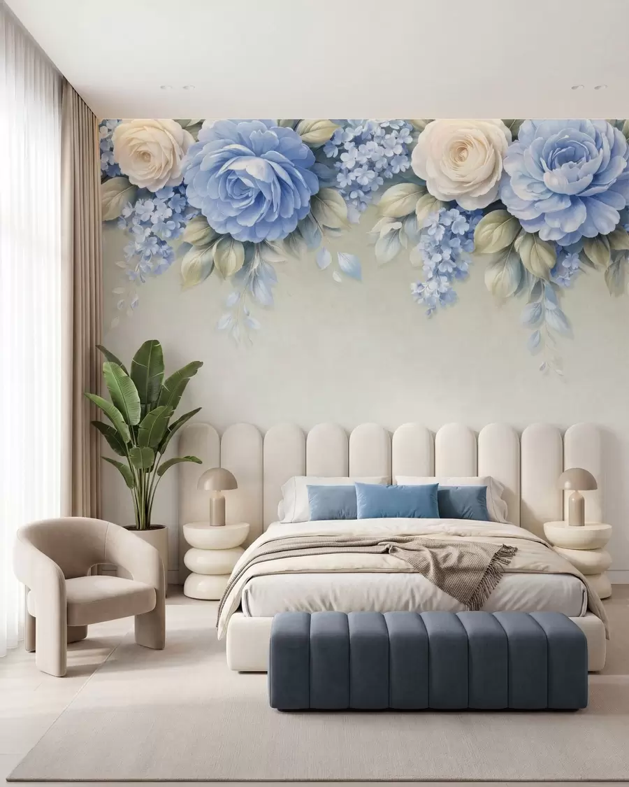 Fototapetes Maigas rozes un ziedu pušķi porcelāna stilā veidotā botāniskā kompozīcijā ar maigiem, slāņveida ziedlapām un elegantiem, plūstošiem lapām w05495