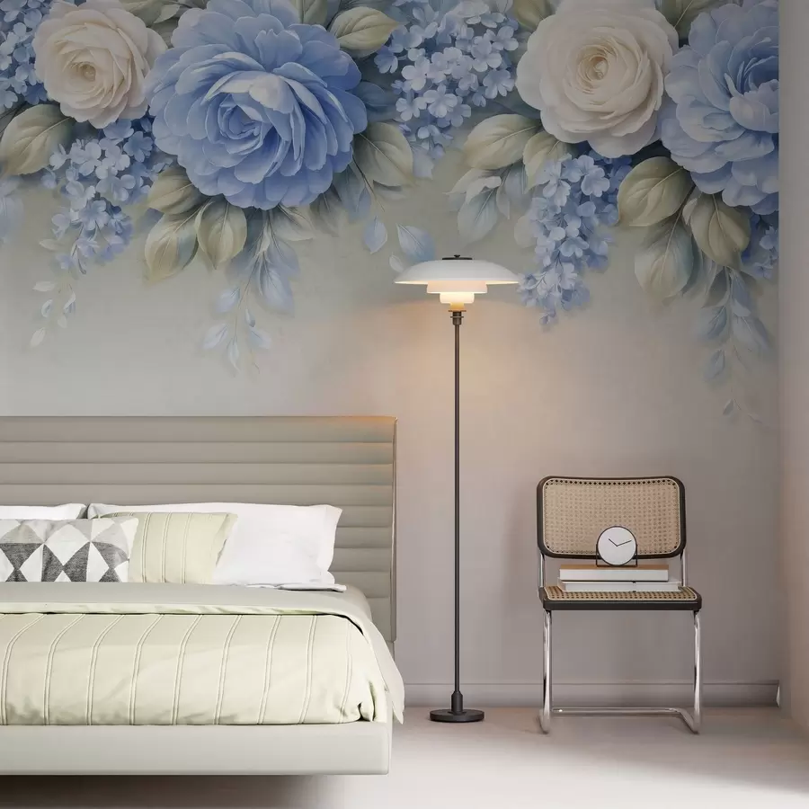 Fototapetes Maigas rozes un ziedu pušķi porcelāna stilā veidotā botāniskā kompozīcijā ar maigiem, slāņveida ziedlapām un elegantiem, plūstošiem lapām w05495