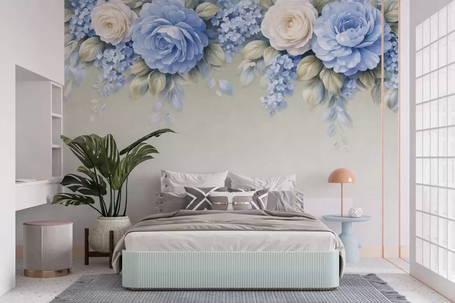 Fototapetes Maigas rozes un ziedu pušķi porcelāna stilā veidotā botāniskā kompozīcijā ar maigiem, slāņveida ziedlapām un elegantiem, plūstošiem lapām w05495