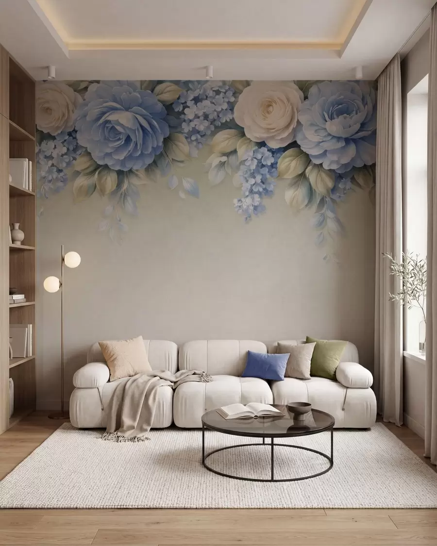 Fototapetes Maigas rozes un ziedu pušķi porcelāna stilā veidotā botāniskā kompozīcijā ar maigiem, slāņveida ziedlapām un elegantiem, plūstošiem lapām w05495