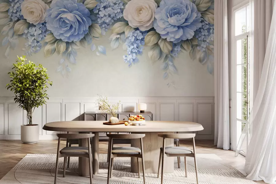Fototapetes Maigas rozes un ziedu pušķi porcelāna stilā veidotā botāniskā kompozīcijā ar maigiem, slāņveida ziedlapām un elegantiem, plūstošiem lapām w05495