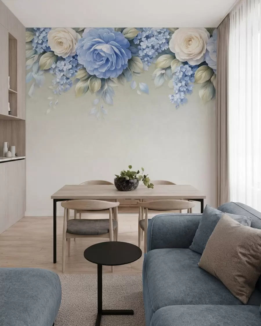 Fototapetes Maigas rozes un ziedu pušķi porcelāna stilā veidotā botāniskā kompozīcijā ar maigiem, slāņveida ziedlapām un elegantiem, plūstošiem lapām w05495