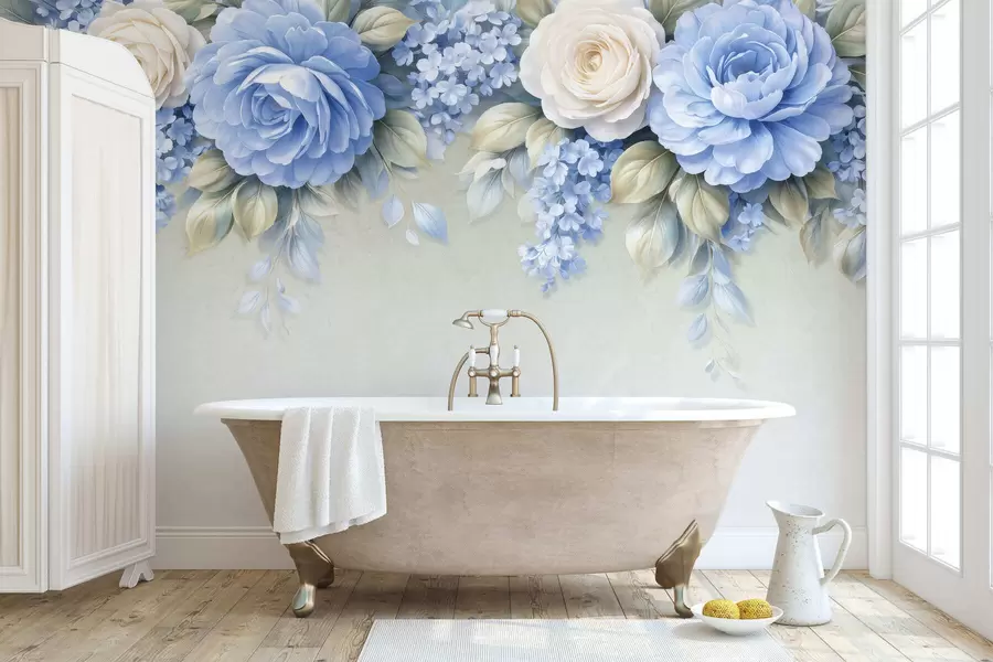 Fototapetes Maigas rozes un ziedu pušķi porcelāna stilā veidotā botāniskā kompozīcijā ar maigiem, slāņveida ziedlapām un elegantiem, plūstošiem lapām w05495