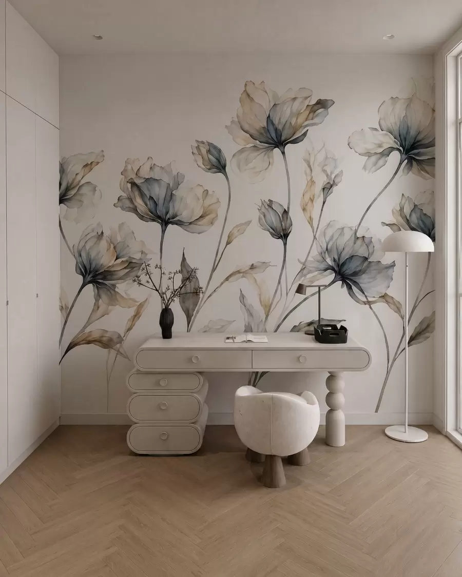 Fototapetes Eleganti, gaisīgi ziedi ar caurspīdīgiem, slāņveida ziedlapām uz gariem, smalkiem kātiņiem w05579