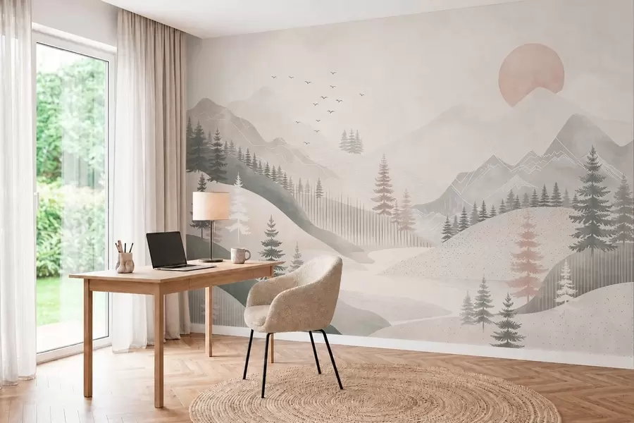 Fototapetes Minimālistisks kalnu ainavas skats ar priedēm w05626