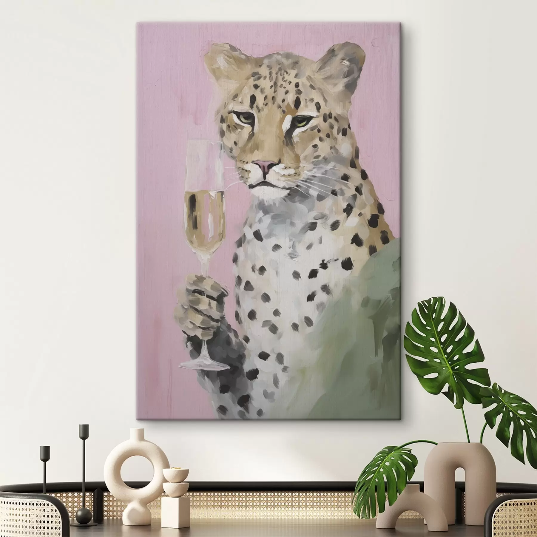Glezna Glezna, kurā attēlots leopards ar glāzi rokās s49511