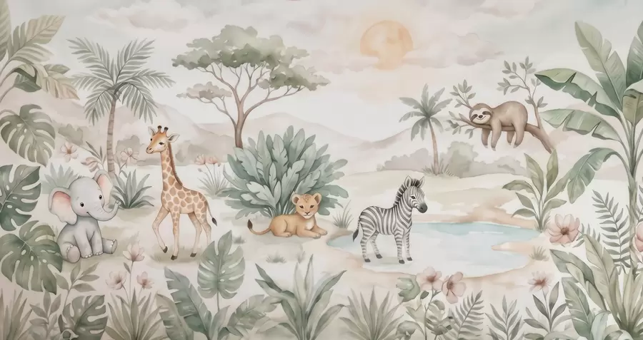 Fototapetes Akvareļa glezna, kurā attēlota safari aina ar dzīvniekiem maigos pasteļtoņos — žirafe, zilonēns, zebra un lauvēns w09888