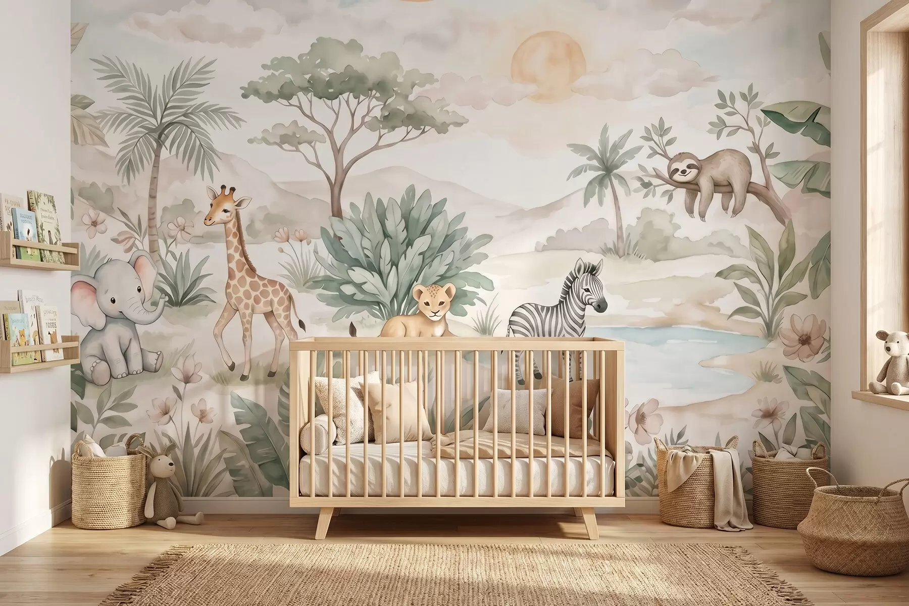 Fototapetes Akvareļa glezna, kurā attēlota safari aina ar dzīvniekiem maigos pasteļtoņos — žirafe, zilonēns, zebra un lauvēns w09888