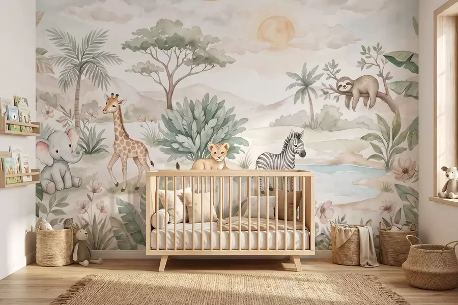 Fototapetes Akvareļa glezna, kurā attēlota safari aina ar dzīvniekiem maigos pasteļtoņos — žirafe, zilonēns, zebra un lauvēns w09888