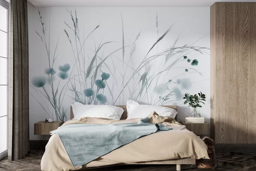 Fototapetes Augstas zāles un mazi zili savvaļas ziedi uz gaiša fona, faktūrs boho stilā w09902v1