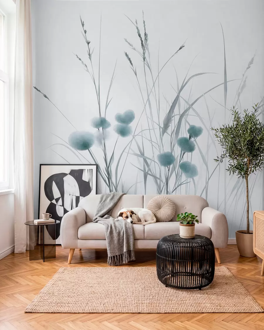 Fototapetes Augstas zāles un mazi zili savvaļas ziedi uz gaiša fona, faktūrs boho stilā w09902v1