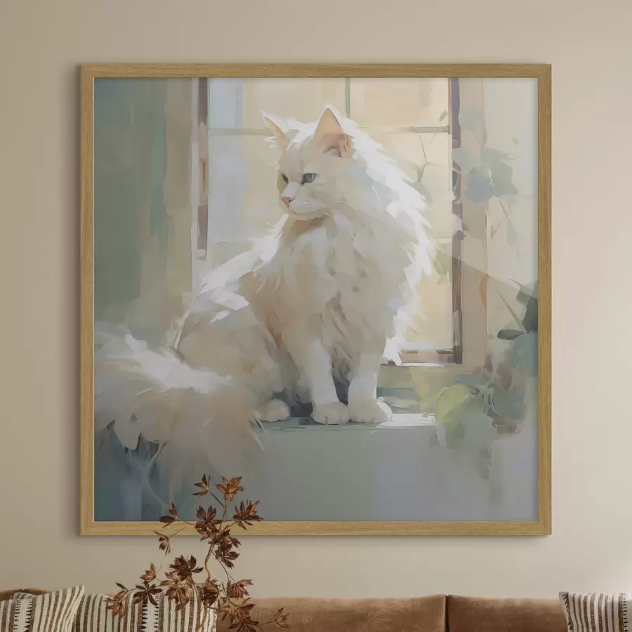 Fototapetes Kaķis sēž pie loga, gleznas imitācija f49603