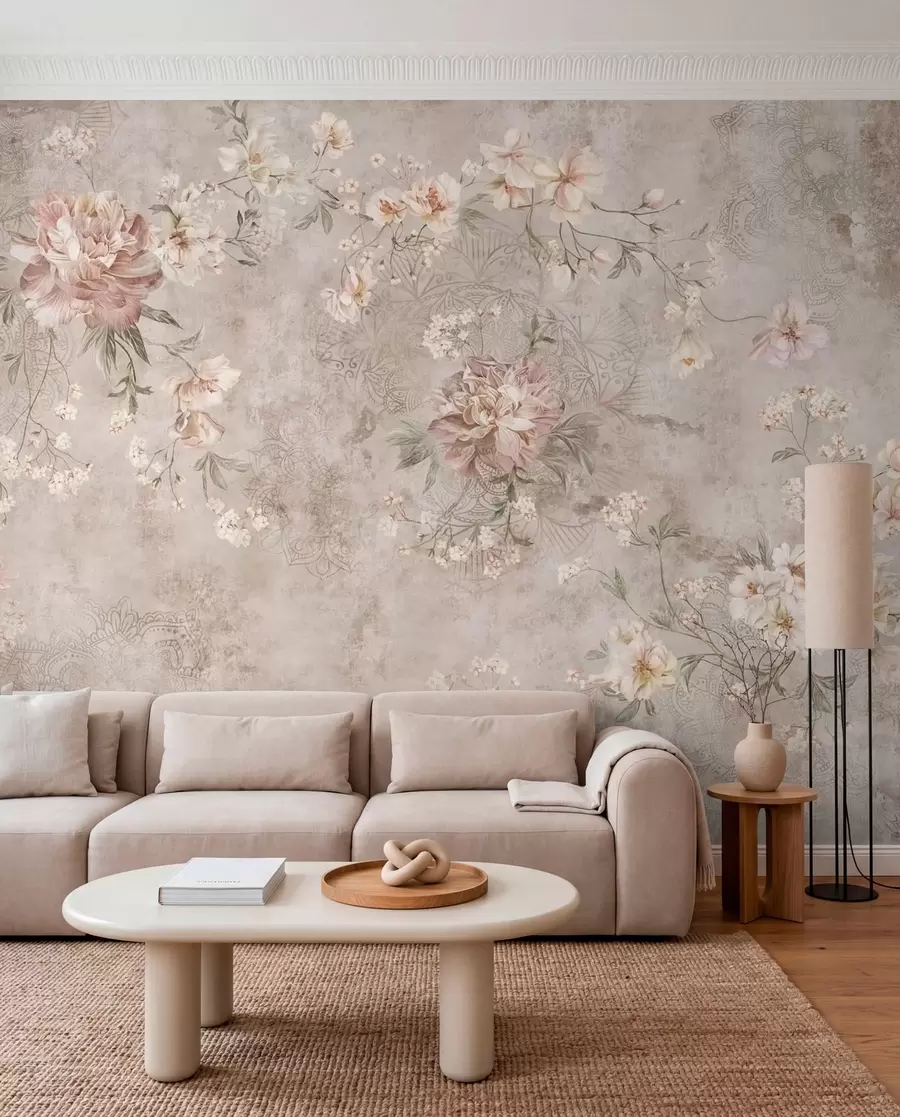 Fototapetes Ziedu ornamenti uz faktūriem gaišā fonā w05698