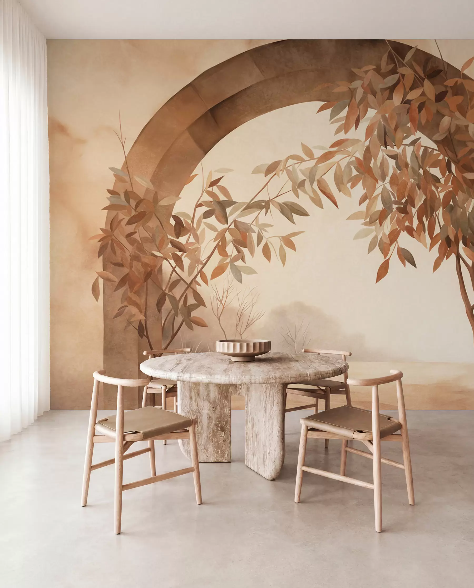 Fototapetes Arka ar ainavu, kokiem un lapām klusās rudens krāsās, faktūrmāksla w09907
