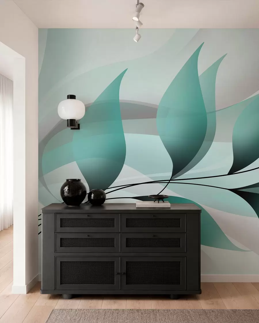 Fototapetes elegants zariņš ar tirkīza krāsas lapām  w05660v1
