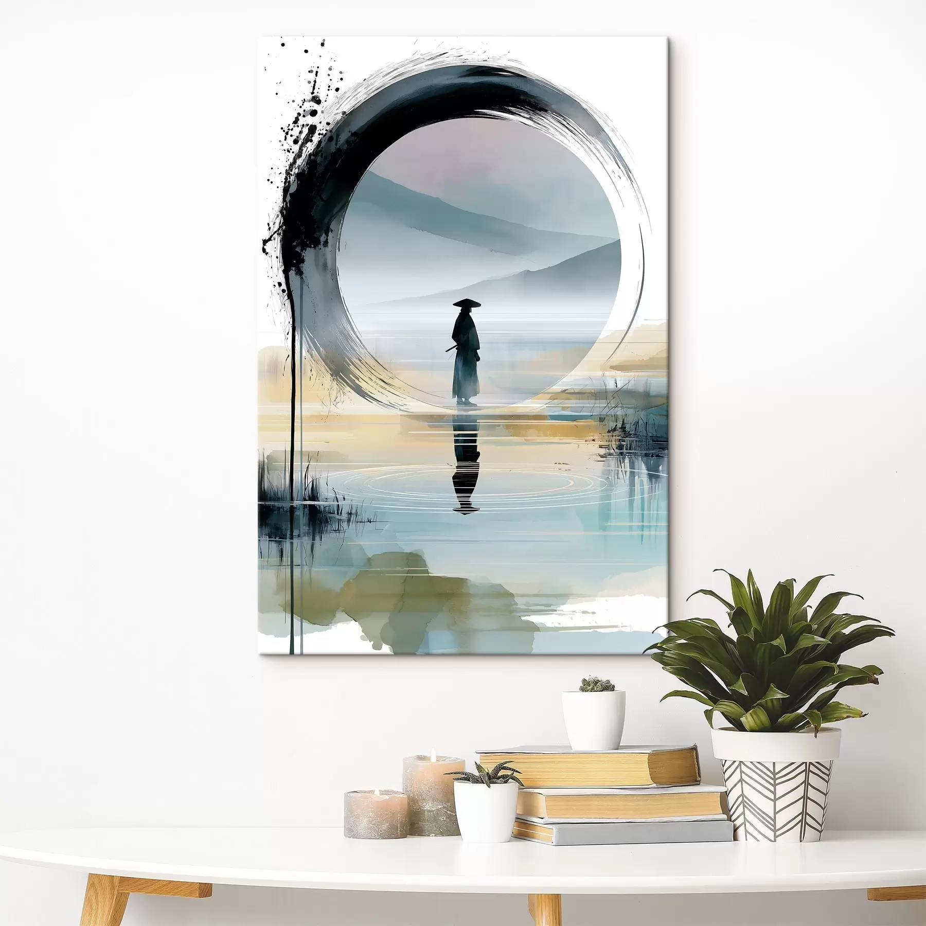 Glezna Mūsdienīga dzen ilustrācija, kurā attēlots samurajs, enso aplis, akvareļa ainava un atspulgs spogulī s49880