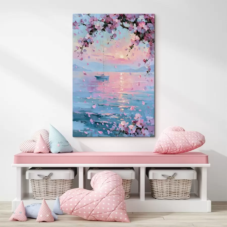 Glezna Eleganta balta jahtu jūrā saulrieta laikā zem ziedošajām rozā sakuras koka zariem, eļļas gleznas stilā s49883