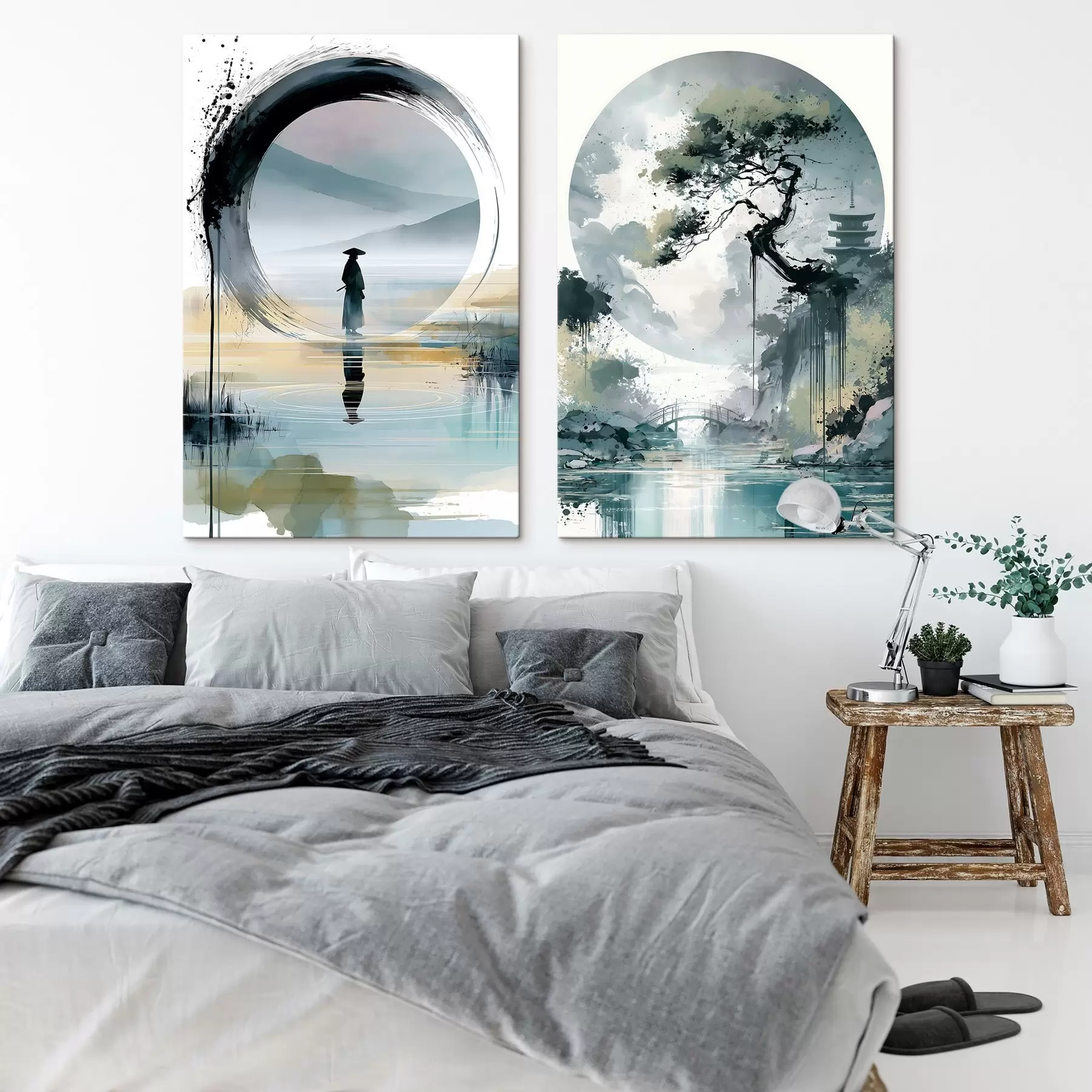 Glezna Japāņu sumi-e stilā gleznota ainava, kurā attēlota slaida priede, tilts un pagoda, kas atrodas uz mierīga ūdens fona; samurajs, enso aplis, akvareļa ainava m30727