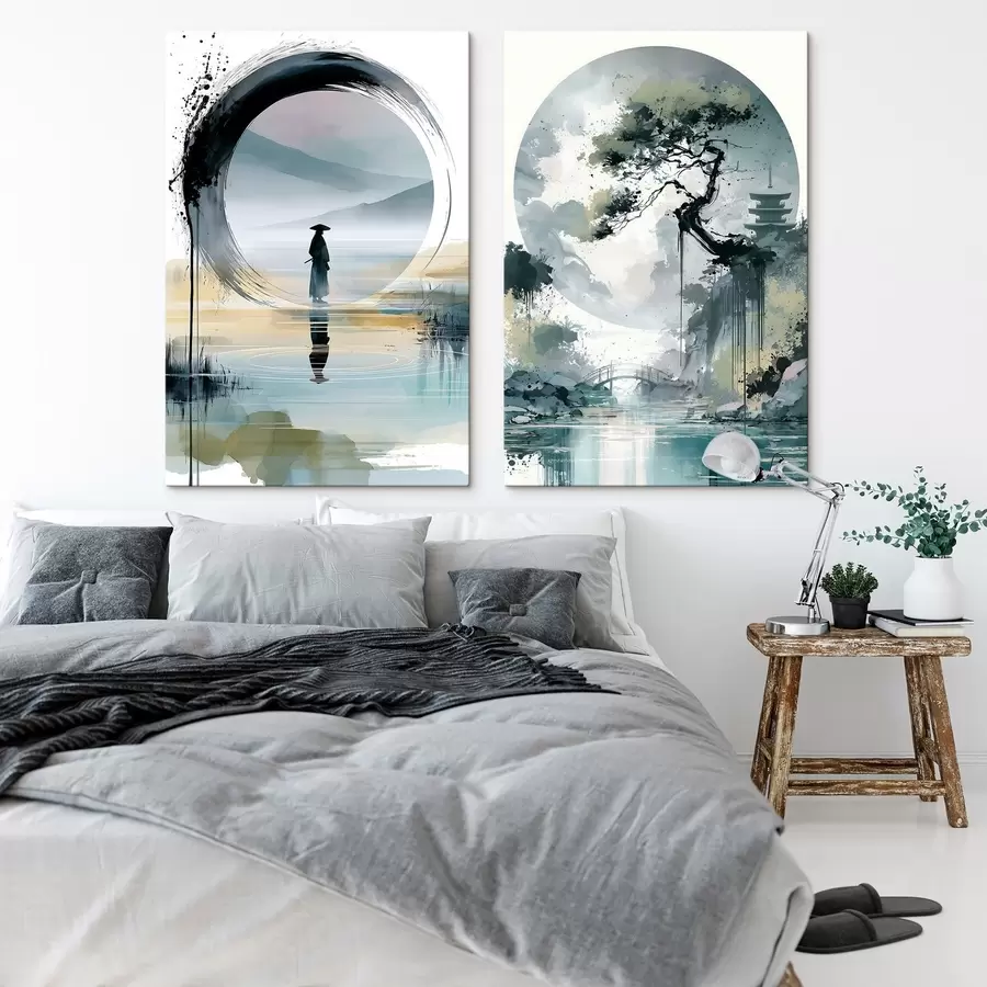 Glezna Japāņu sumi-e stilā gleznota ainava, kurā attēlota slaida priede, tilts un pagoda, kas atrodas uz mierīga ūdens fona; samurajs, enso aplis, akvareļa ainava m30727