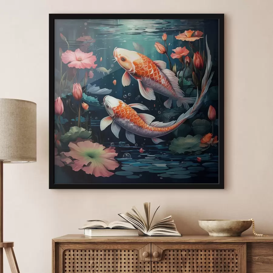 Fototapetes Koi karpas ar lotosiem f50038