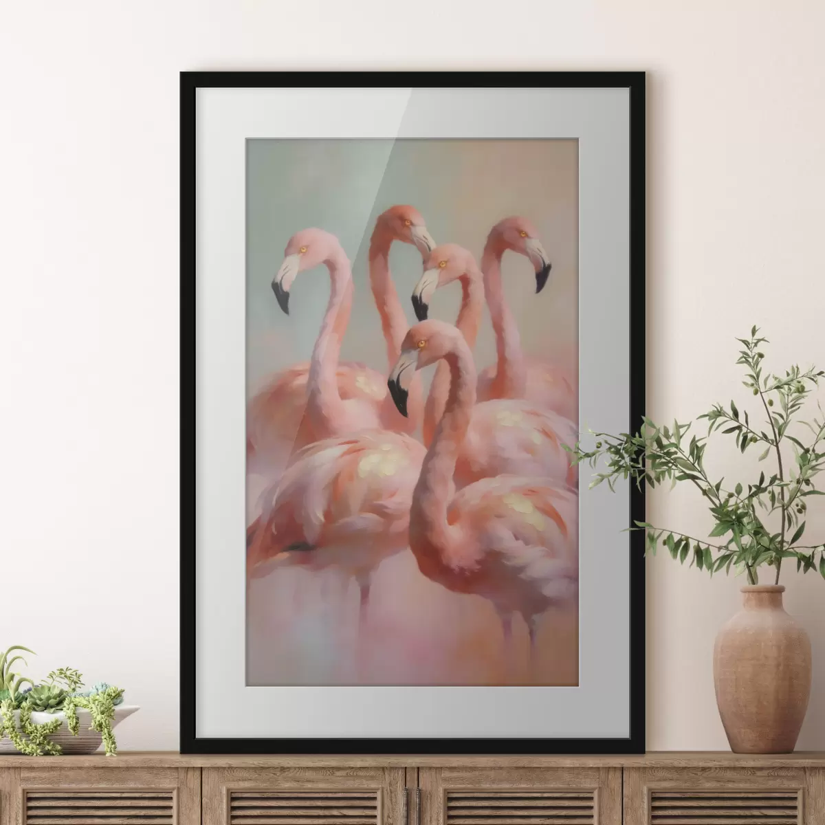 Plakāts Rozā flamingo maigās pasteļtoņos eļļas glezniecības stilā f49726