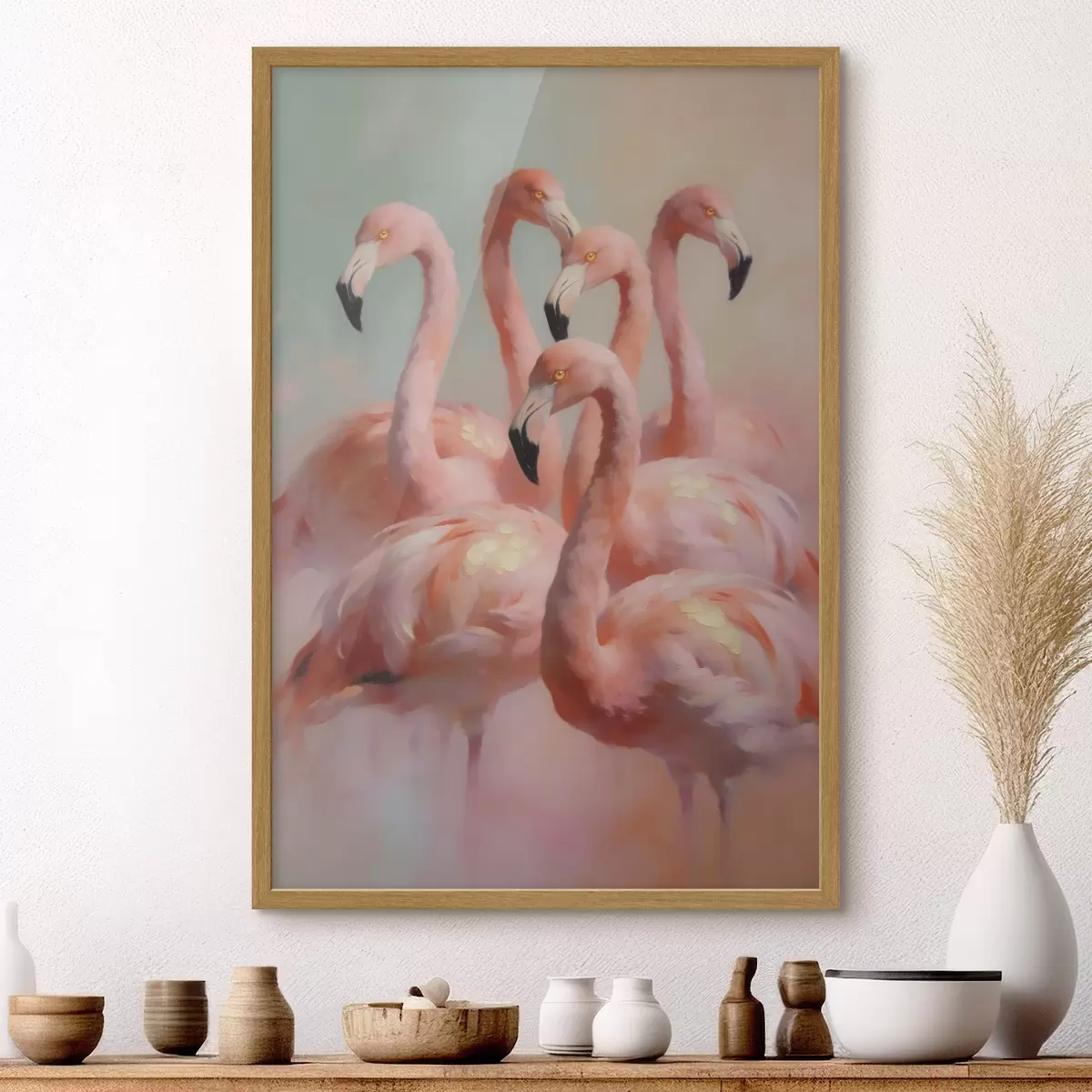 Plakāts Rozā flamingo maigās pasteļtoņos eļļas glezniecības stilā f49726
