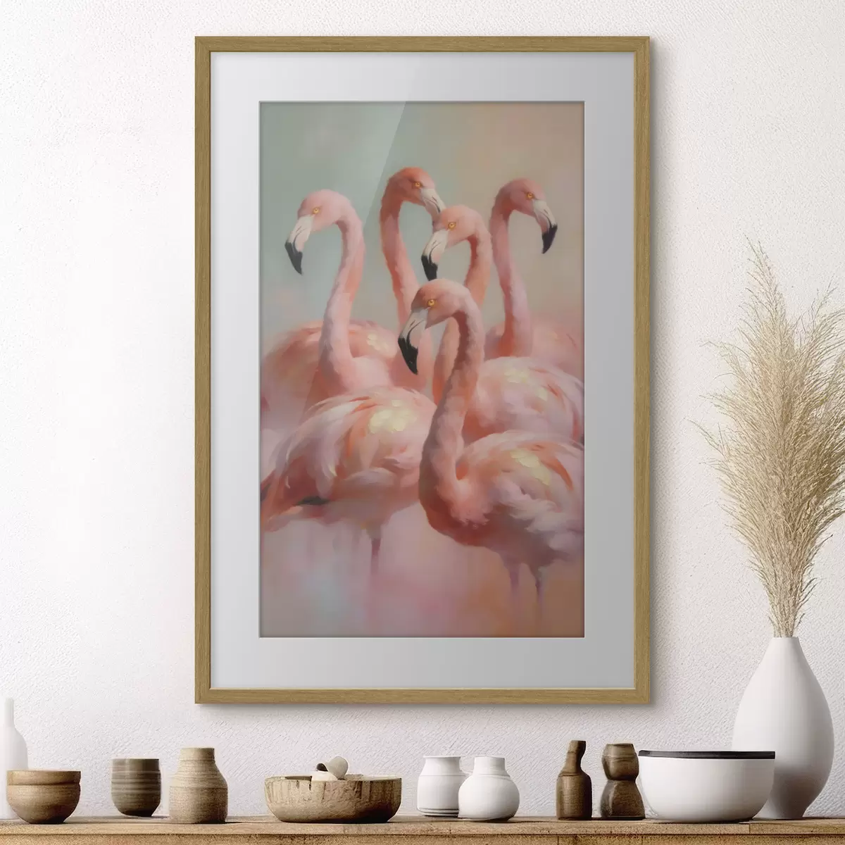 Plakāts Rozā flamingo maigās pasteļtoņos eļļas glezniecības stilā f49726