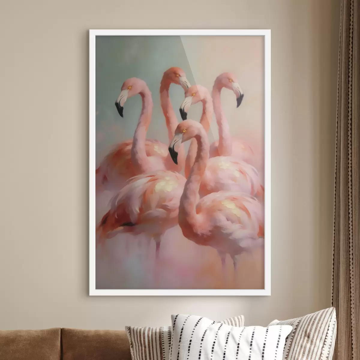 Plakāts Rozā flamingo maigās pasteļtoņos eļļas glezniecības stilā f49726