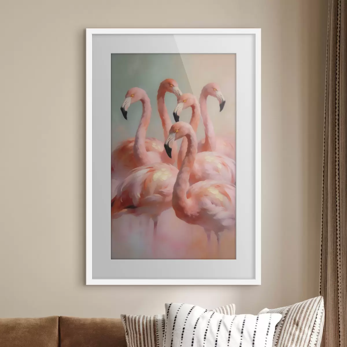 Plakāts Rozā flamingo maigās pasteļtoņos eļļas glezniecības stilā f49726
