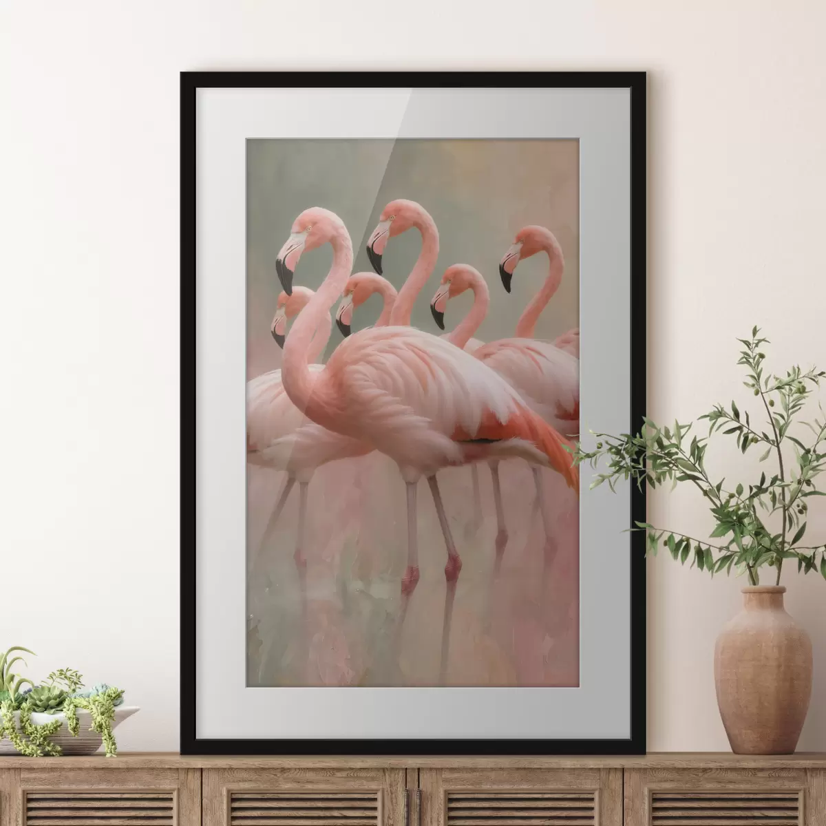 Plakāts Dekoratīvs flamingo barības portrets mūsdienīgā glezniecības stilā f49727