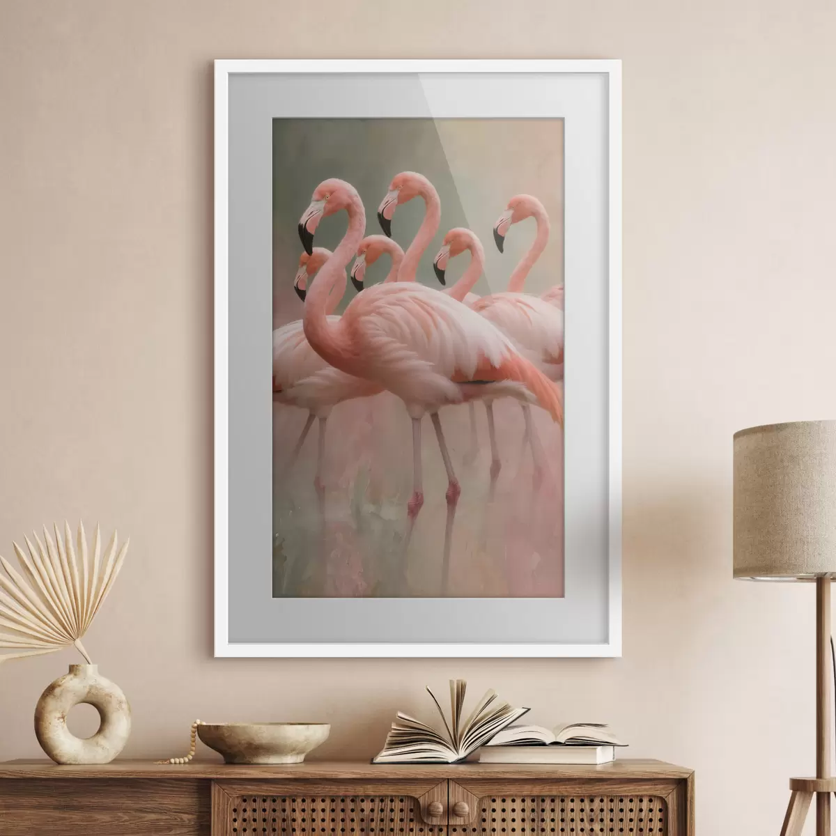 Plakāts Dekoratīvs flamingo barības portrets mūsdienīgā glezniecības stilā f49727