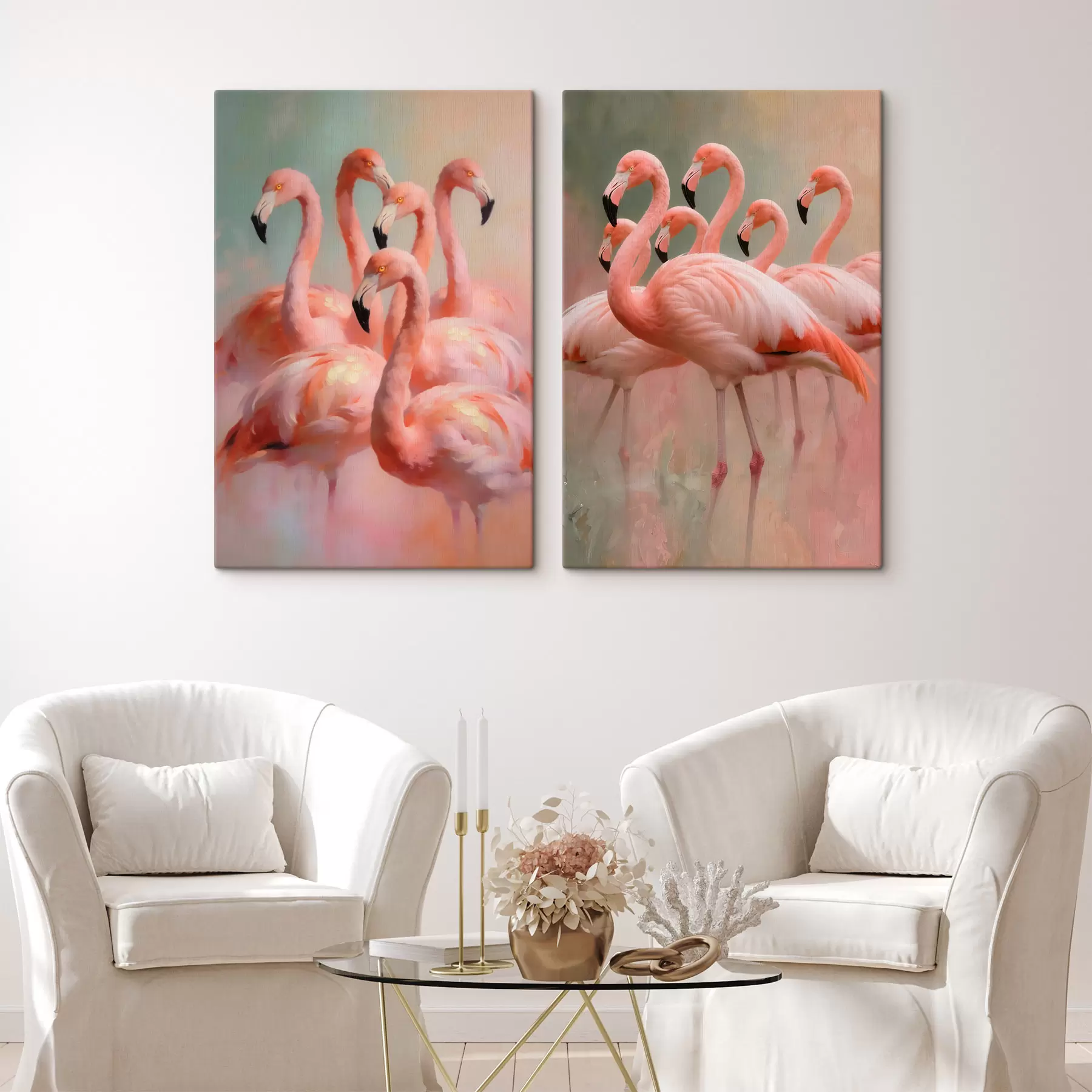Glezna Kompozīcija ar flamingo baru uz maiga, izplūduša fona mūsdienīgā glezniecības stilā m30658