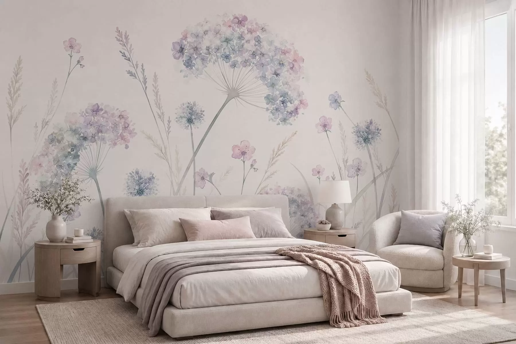 Fototapetes Pļavas ziedi maigos zilos un ceriņkrāsas toņos w05731