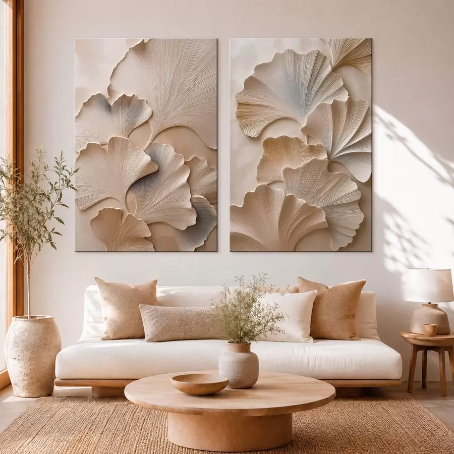 Glezna Diptihs ar ginkgo lapām un reljefa efektu m30751